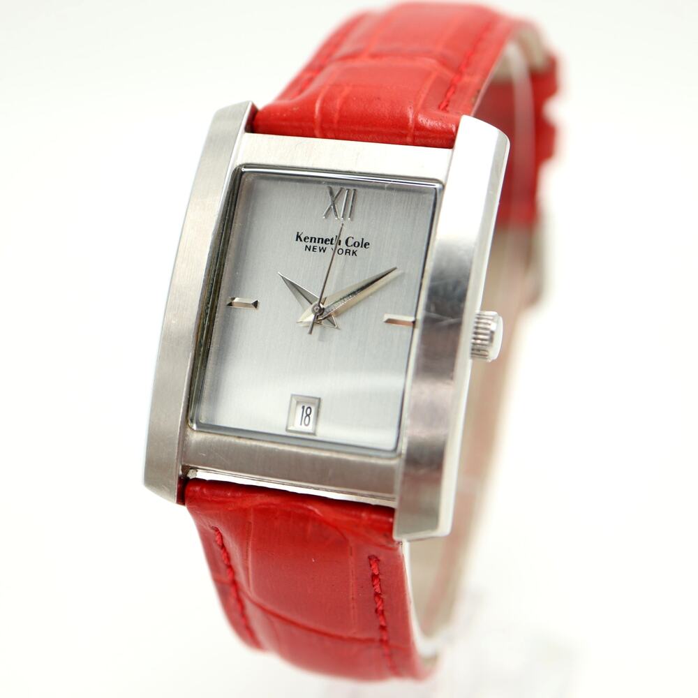 Kenneth Cole NY Silver Tone 29mm Tank Watch Date Red Leather Strap w New Battery